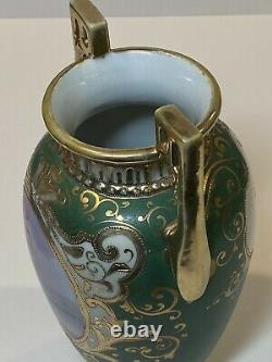 Hand Painted NIPPON Vase LAKE SCENE Matte Green Gold Beading 2 Handles Morimura