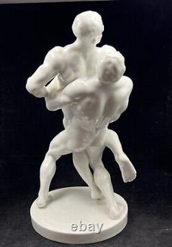 Herend Art Deco Nude Olympic Wrestlers Statue Sculpture White Large 15.5in #5788