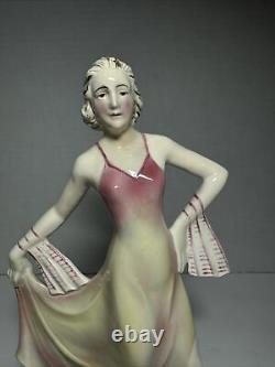 Hertwig of Katzhutte Dancing Lady model 2301 Pink & Pale Yellow 7 3/4 Art Deco