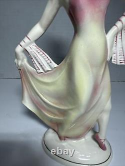 Hertwig of Katzhutte Dancing Lady model 2301 Pink & Pale Yellow 7 3/4 Art Deco