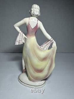 Hertwig of Katzhutte Dancing Lady model 2301 Pink & Pale Yellow 7 3/4 Art Deco