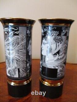 Hollohaza Endre Szasz Signed Art Deco Hand Painted Pair Of Vases Hungary