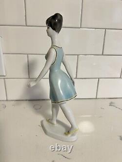 Hollohaza Kezzel Festett Porcelain Handpainted Art Deco Girl In Blue Figurine