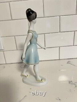 Hollohaza Kezzel Festett Porcelain Handpainted Art Deco Girl In Blue Figurine