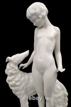 Huge Hutschenreuther Art-Deco Porcelain Figure Borzoi Girl with Greyhound 1925