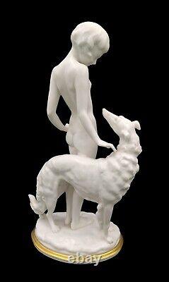 Huge Hutschenreuther Art-Deco Porcelain Figure Borzoi Girl with Greyhound 1925