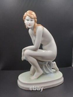 Hungary ZSOLNAY, ELEK LUX Redheaded Nude Woman Kneeling Porcelain Art Figurine