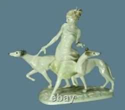 Hutschenreuther Figurine Woman W Greyhounds Dogs Germany Porcelain Marked Rare