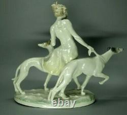 Hutschenreuther Figurine Woman W Greyhounds Dogs Germany Porcelain Marked Rare