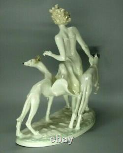 Hutschenreuther Figurine Woman W Greyhounds Dogs Germany Porcelain Marked Rare