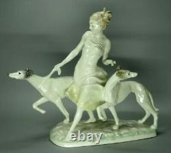 Hutschenreuther Figurine Woman W Greyhounds Dogs Germany Porcelain Marked Rare