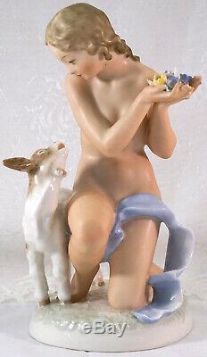 Hutschenreuther Porcelain Nude Lady Kneeling Holding Flowers & Goat Figurine
