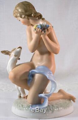 Hutschenreuther Porcelain Nude Lady Kneeling Holding Flowers & Goat Figurine