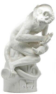 Kpm Germany 1950 Seated Monkey With Banana White Blanc D'chine Porcelain Figure