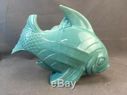 Large 1930's LEJAN France Turquoise Craquelé Art Deco Ceramic Fish