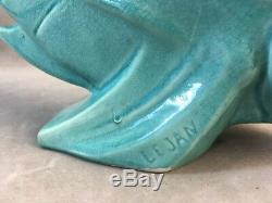 Large 1930's LEJAN France Turquoise Craquelé Art Deco Ceramic Fish