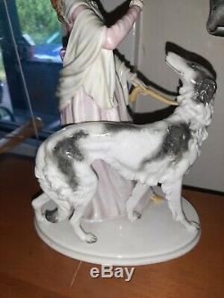 Large Art Deco Rosenthal Lady Borzoi Greyhound Dog 1940's Porcelain Statue Decor
