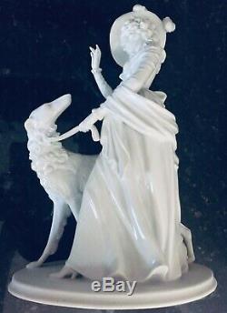 Large Art Deco Rosenthal Porcelain Lady Girl Walking Borzoi Greyhound Dog 1940s