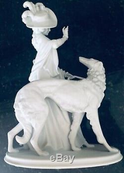 Large Art Deco Rosenthal Porcelain Lady Girl Walking Borzoi Greyhound Dog 1940s