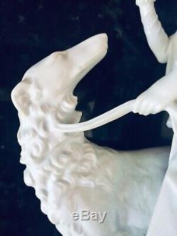 Large Art Deco Rosenthal Porcelain Lady Girl Walking Borzoi Greyhound Dog 1940s