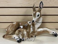 Large Ceramic Porcelain Deer Doe & Fawn Statue Figurine Laying Art Deco 17 MCM