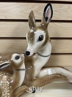 Large Ceramic Porcelain Deer Doe & Fawn Statue Figurine Laying Art Deco 17 MCM