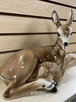 Large Ceramic Porcelain Deer Doe & Fawn Statue Figurine Laying Art Deco 17 MCM