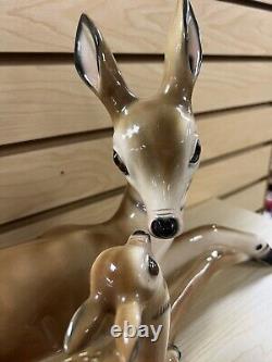 Large Ceramic Porcelain Deer Doe & Fawn Statue Figurine Laying Art Deco 17 MCM