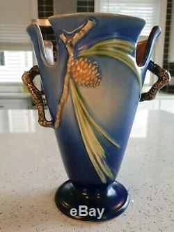 Large Rare Antique Roseville Vase Pottery Cobalt Blue Pine Cone Pattern 8438 USA