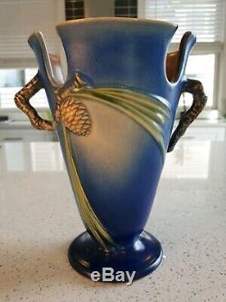 Large Rare Antique Roseville Vase Pottery Cobalt Blue Pine Cone Pattern 8438 USA