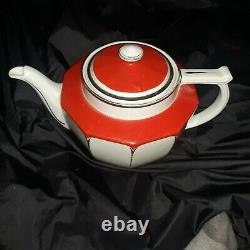 Large VINTAGE HALL'S Art Deco Retro Red White & Silver Porcelain Teapot
