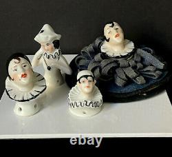 Lot Of 4 Antique German Porcelain Art Deco Pierrot Figurine PinCushion Half Doll