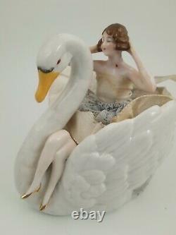 Lovely Antique German Half Doll Powder Dish Swan & Lady Swans Down Powder Puff