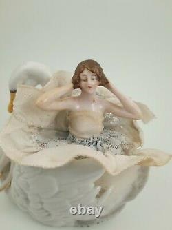 Lovely Antique German Half Doll Powder Dish Swan & Lady Swans Down Powder Puff