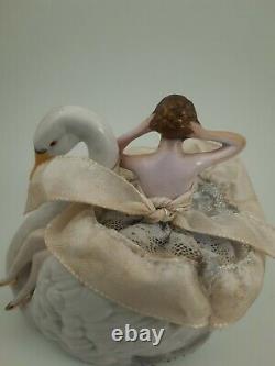 Lovely Antique German Half Doll Powder Dish Swan & Lady Swans Down Powder Puff