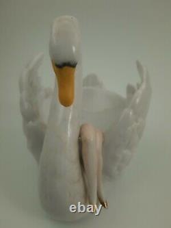 Lovely Antique German Half Doll Powder Dish Swan & Lady Swans Down Powder Puff