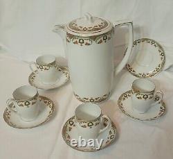 MZ Austria Porcelain Art Deco Era SET Demitasse x4, Saucer x5, Chocolate Pot