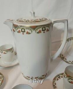 MZ Austria Porcelain Art Deco Era SET Demitasse x4, Saucer x5, Chocolate Pot