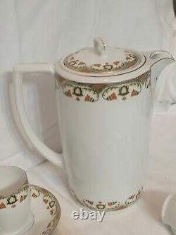 MZ Austria Porcelain Art Deco Era SET Demitasse x4, Saucer x5, Chocolate Pot
