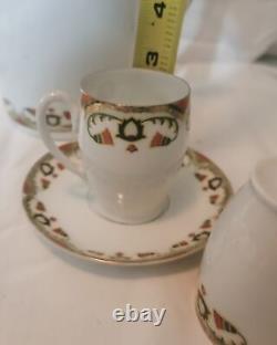 MZ Austria Porcelain Art Deco Era SET Demitasse x4, Saucer x5, Chocolate Pot