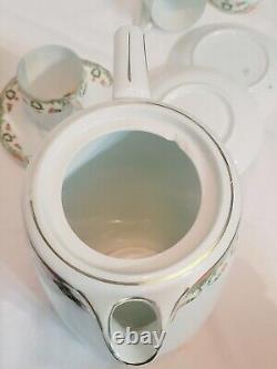 MZ Austria Porcelain Art Deco Era SET Demitasse x4, Saucer x5, Chocolate Pot