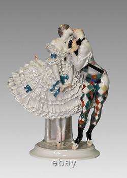 Meissen Art Deco Figural Group Harlequin & Columbine by Scheurich, c 1920