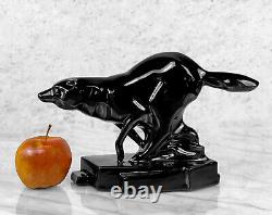 Mid-Century Art Deco Black Porcelain Fox Wolf Figural Sculpture