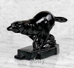 Mid-Century Art Deco Black Porcelain Fox Wolf Figural Sculpture