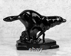 Mid-Century Art Deco Black Porcelain Fox Wolf Figural Sculpture