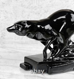 Mid-Century Art Deco Black Porcelain Fox Wolf Figural Sculpture