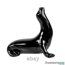 Mid-Century Art Deco Black Porcelain Seal Figural Sculpture