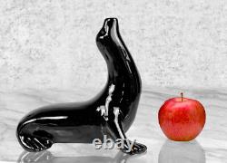 Mid-Century Art Deco Black Porcelain Seal Figural Sculpture