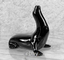 Mid-Century Art Deco Black Porcelain Seal Figural Sculpture