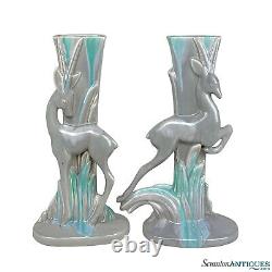 Mid-Century Art Deco Gray Drip Glaze Porcelain Gazelle Vase A Pair